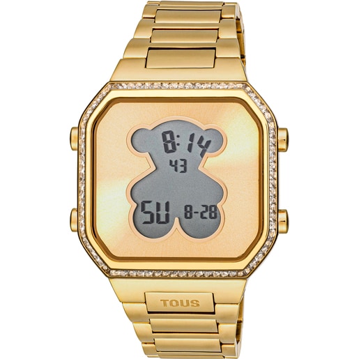 Relógio digital com bracelete em aço IPG dourado e zircónias D-BEAR