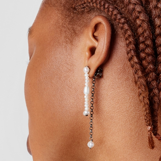 Dark silver Virtual Garden Double earrings with cultured pearls