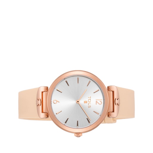 Reloj S-Mesh de acero IP rosado con correa de silicona nude