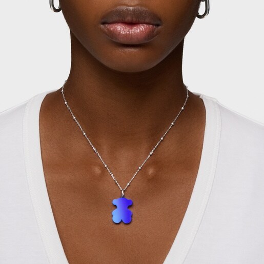 Pack gargantilla de plata y colgante oso de acero en color azul 22 mm Sweet Dolls