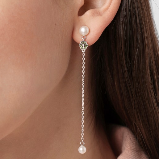 Boucles d’oreilles longues en argent avec chromo-diopsides, améthystes et perles TOUS New Motif