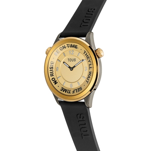 Analogové hodinky s černým silikonovým řemínkem a pouzdrem z oceli IP ve zlaté barvě TOUS Now