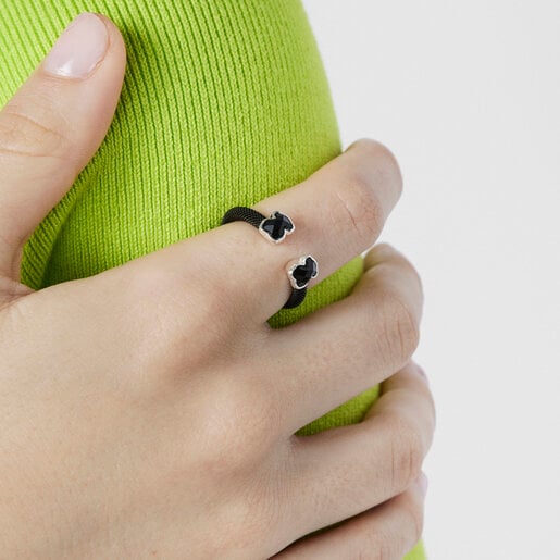 Black IP Steel Mesh Color open Ring with Onyx