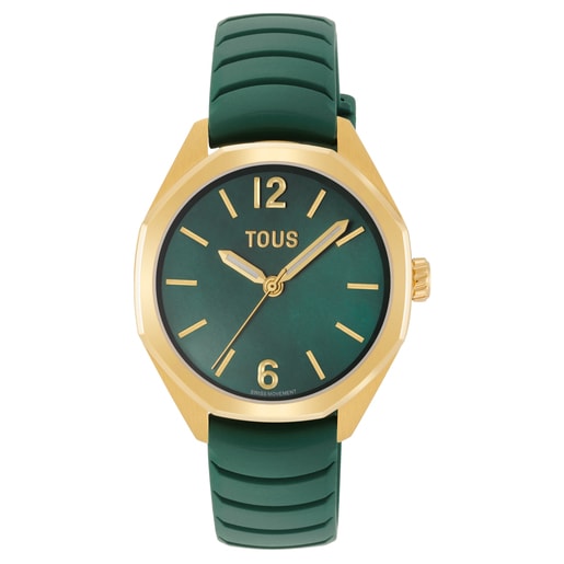 Reloj bicolor analógico con movimiento suizo, esfera de nácar y correa de caucho verde TOUS Now Lady