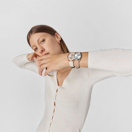 Reloj analógico Dai XL de acero con correa de piel Kaos beige