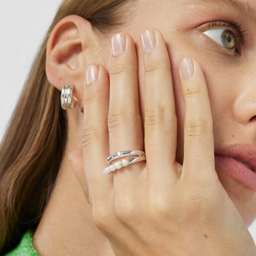 Stříbrný dvojitý prsten TOUS Fellow s perlami