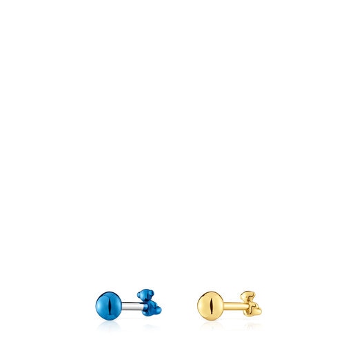 Pack of Bold Bear Ear piercings in gold-colored and blue IP steel