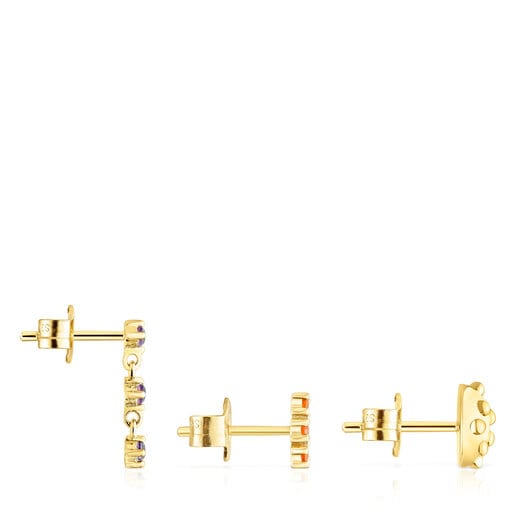 Pack de pendientes con baño de oro 18 kt sobre plata, cornalina y amatista Virtual Garden