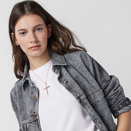 Подвеска-крестик Straight из розового вермеля с драгоценными камнями