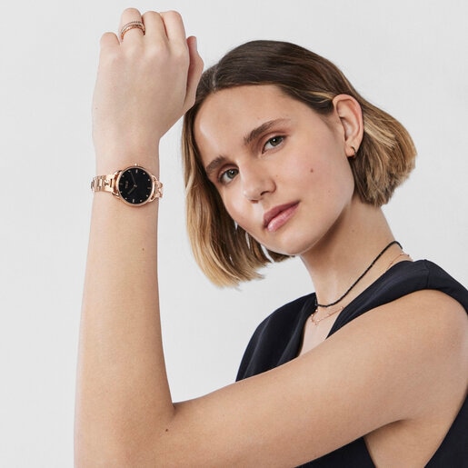 Rose-colored IP steel Let Bracelet Watch with black dial