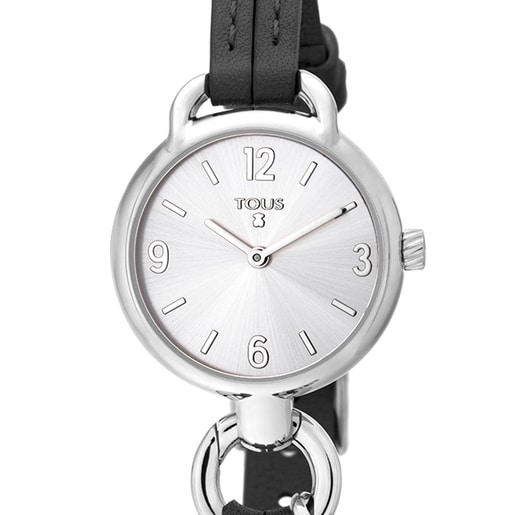 Reloj analógico Hold de acero con correa de piel negra