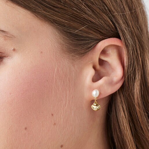 Золотые серьги Oceaan с ракушкой, анемоном и жемчугом