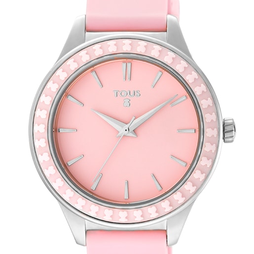 ساعة Straight Ceramic من الصُلب المطلي بالأيونات الوردية وحافة من السيراميك بحزام وردي من السيليكون