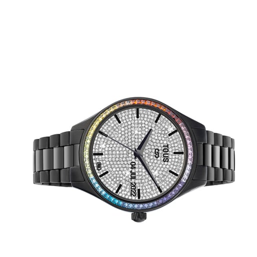 Smartwatch T-Shine Connect mit schwarzem IP-Stahlarmband mit regenbogenfarbenen, quadratischen Zirkoniasteinen