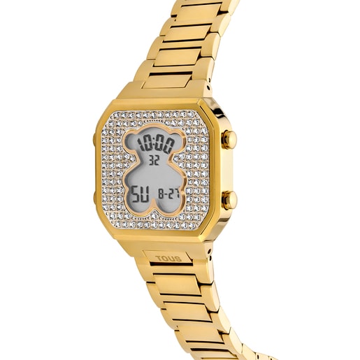 Digitaluhr D-BEAR mit goldfarbenem Armband aus IPG-Stahl und Zirkonia-Steinen