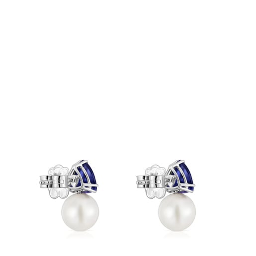 Boucles d’oreilles or blanc, iolite et perle de culture Ivette