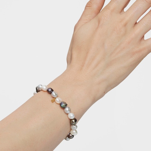 Gold Sweet Dolls Bracelet with white, grey and blue baroque pearls and Bear motif