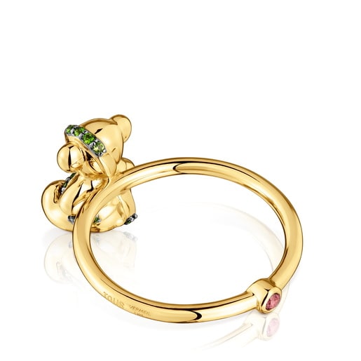 Anello con orsetto in argento placcato oro 18 kt e cromo diopside medio Lligat