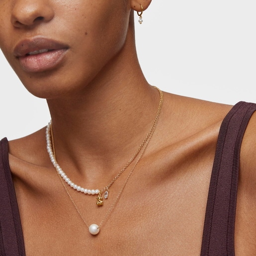 Short bear Necklace with gold plating over silver, cultured pearls and topaz Bold Bear