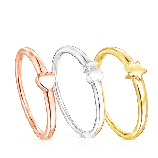 Tous Ring Mix – Sada třech prstenů ze stříbra, žlutého a růžového stříbra Vermeil