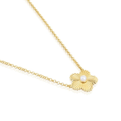 Silver vermeil flower Necklace with cultured pearl Iris Motif