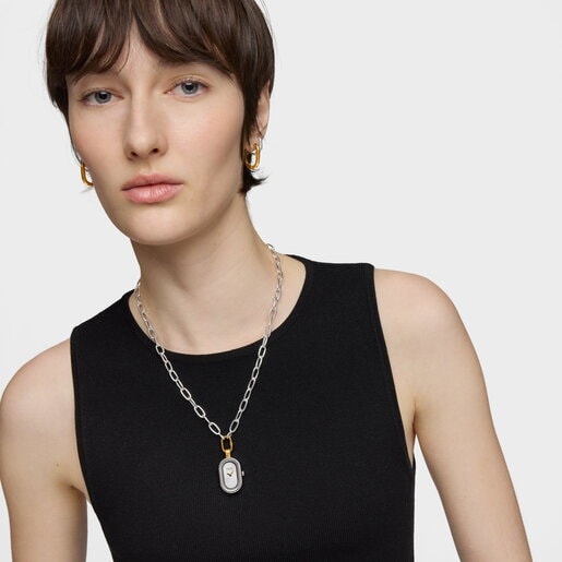 שעון תליו/דיגיטלי Hold Oval מפלדה בצבעי זהב ואפור