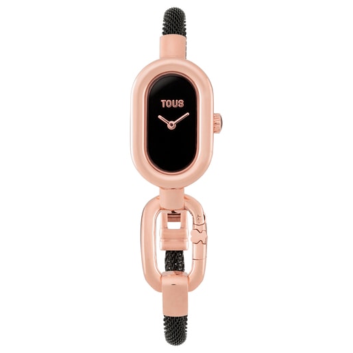 Relógio analógico com bracelete em aço IP preto e caixa em aço IPRG rosado TOUS Hold Oval