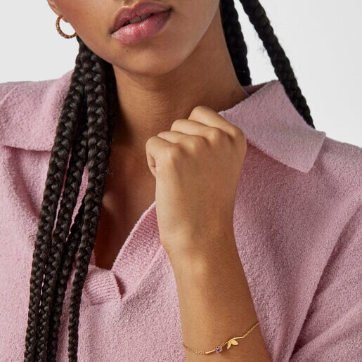 Pulsera Fragile Nature hojas con baño de oro 18 kt sobre plata y amatista