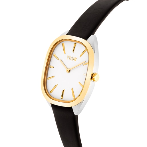 Gold-colored IPG steel analog Watch with black leather strap Heritage