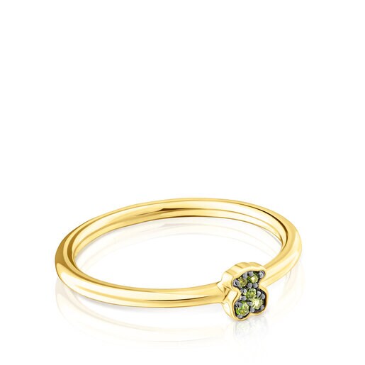 Anello con placcatura in oro 18 kt su argento e orsetto diopside cromato TOUS New Motif