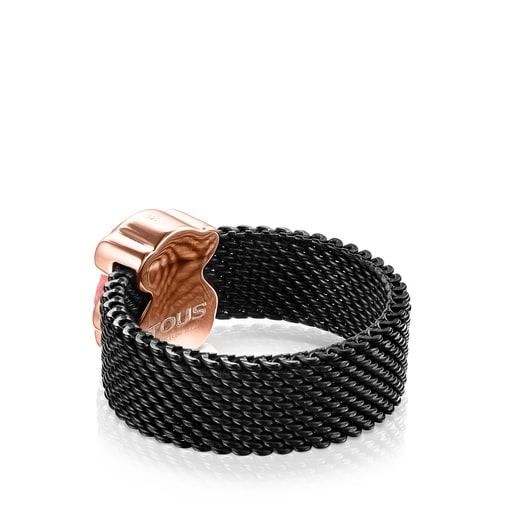 Black IP Steel Mesh Color Ring with Rhodonite Bear motif