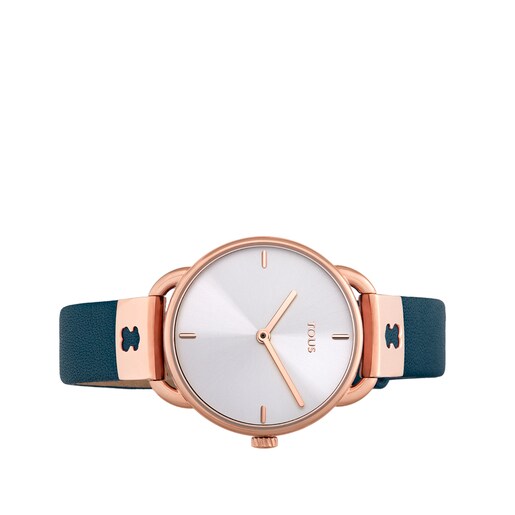 Reloj Let Leather de acero IP rosado con correa de piel azul