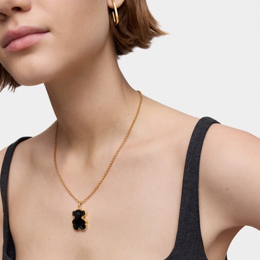 Medium 18kt gold plating over silver bear Pendant with onyx bear motif TOUS Icon Color