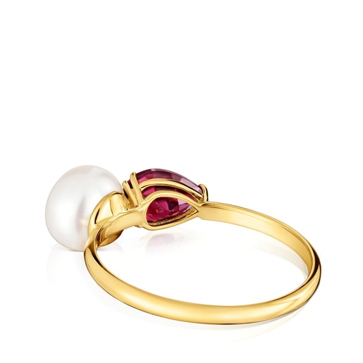 Gold Ring with rhodolite and cultured pearl Ivette