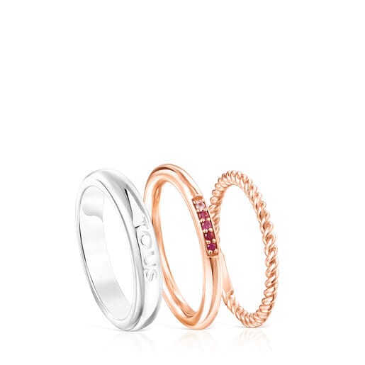 Tous Ring Mix – Sada třech prstenů ze stříbra a růžového stříbra Vermeil