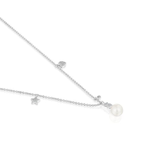Short white-gold Necklace with diamonds, cultured pearl and motifs TOUS Grain