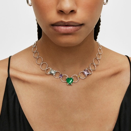 שרשרת מכסף בשיבוץ אבני חן