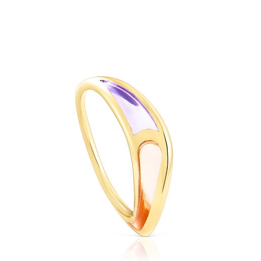 Bague en argent vermeil avec émail lilas et orange Gregal