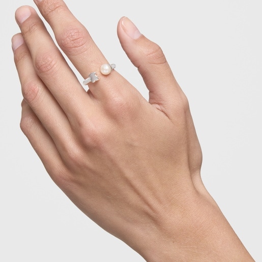 Anillo abierto de plata y perla cultivada Icon Mesh