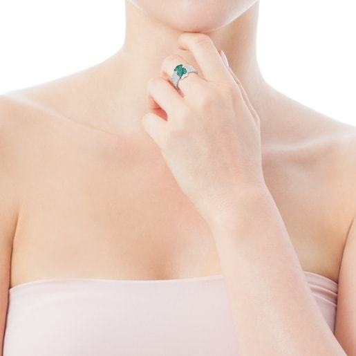 טבעת TOUS Mesh Color מכסף עם מוטיב דובון מאבן אמאזוניט מלוטשת