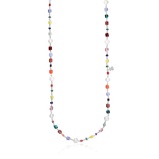 Long silver Oceaan Necklace with multicolored glass and pearls