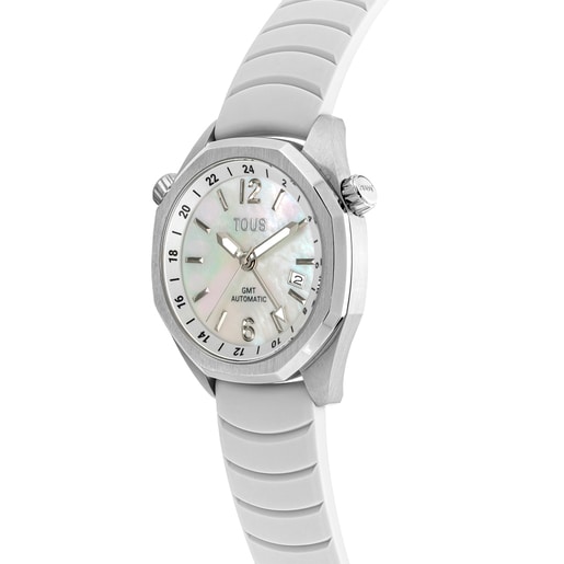 Zegarek gmt automatyczny z białym silikonowym paskiem, stalową kopertą i tarczą z masy perłowej TOUS Now
