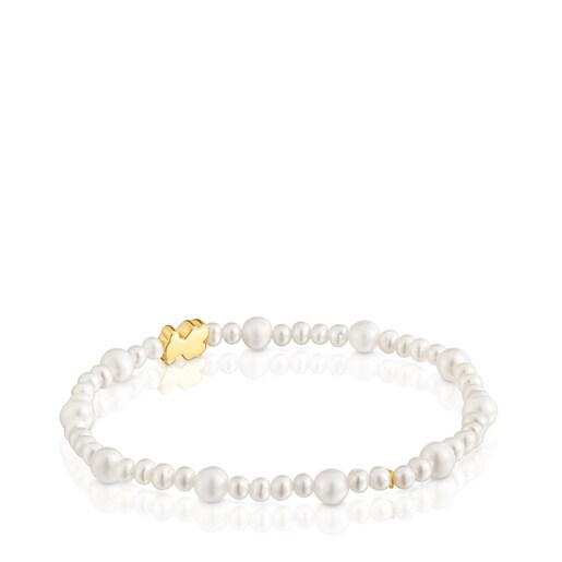 Elastic cultured pearl Bracelet with gold bear motif Sweet Dolls