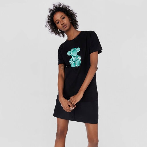 טישרט בשחור וטורקיז עם דובון משובץ אבני חן