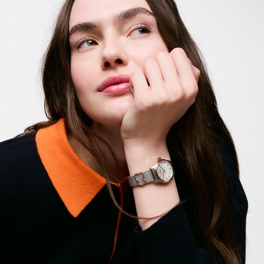 Reloj analógico con brazalete de acero con motivo, acero rosado y esfera de nácar con motivos EPIC ICON KDT