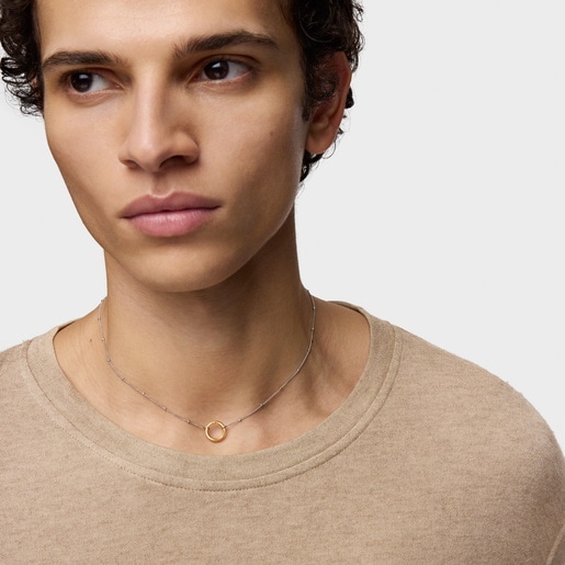 Short steel Necklace with gold ring Hold Oval