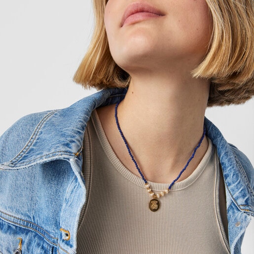 שרשרת בורמייל צהוב בשילוב אבני חן לפיס לזולי ופנינים