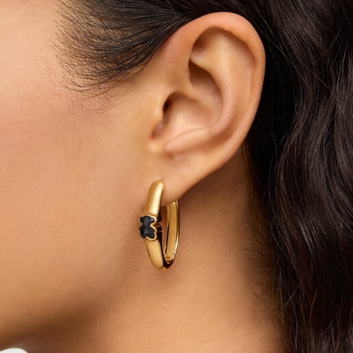 Pendientes de aro con baño de oro 18 kt sobre plata y motivo oso en ónix 26 mm Icon Color