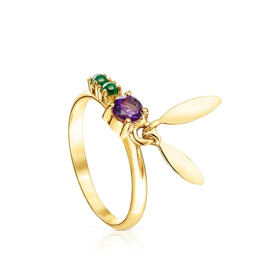 Silver Vermeil Fragile Nature leaves Ring with Gemstones | TOUS