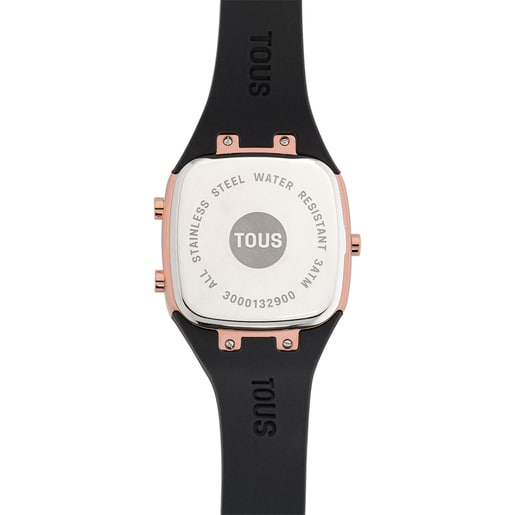 שעון דיגיטלי B-Time של TOUS עם רצועת סיליקון שחורה ומארז מפלדת IPRG ורודה